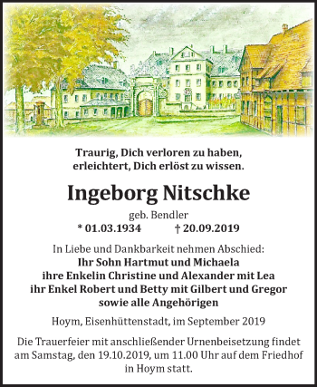 Traueranzeige von Ingeborg Nitschke von Super Sonntag Aschersleben