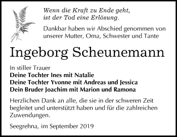 Traueranzeige von Ingeborg Scheunemann von Mitteldeutsche Zeitung Wittenberg