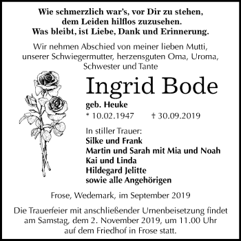 Traueranzeige von Ingrid Bode von Super Sonntag Aschersleben