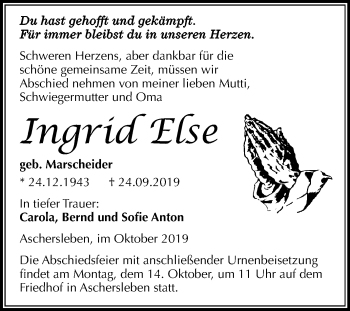 Traueranzeige von Ingrid Else von Mitteldeutsche Zeitung Aschersleben