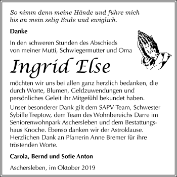 Traueranzeige von Ingrid Else von Super Sonntag Aschersleben