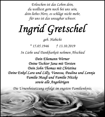 Traueranzeige von Ingrid Gretschel von Wochenspiegel Bitterfeld