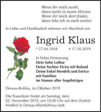 Traueranzeige von Ingrid Klaus von Mitteldeutsche Zeitung Dessau-Roßlau