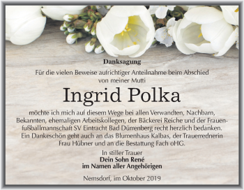 Traueranzeige von Ingrid Polka von Mitteldeutsche Zeitung Merseburg/Querfurt
