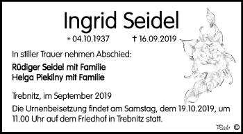 Traueranzeige von Ingrid Seidel von Mitteldeutsche Zeitung Weißenfels