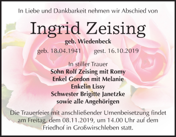 Traueranzeige von Ingrid Zeising von Mitteldeutsche Zeitung Bernburg