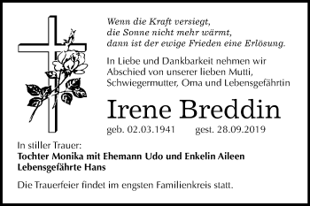 Traueranzeige von Irene Breddin von Wochenspiegel Bitterfeld