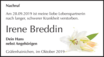 Traueranzeige von Irene Breddin von Mitteldeutsche Zeitung Wittenberg