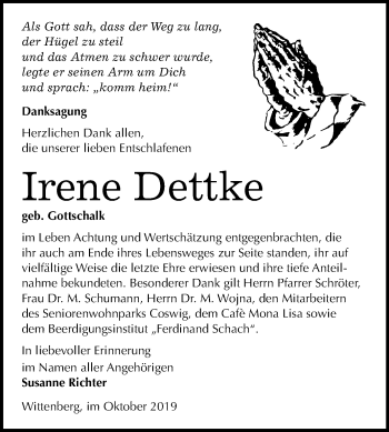 Traueranzeige von Irene Dettke von Super Sonntag Wittenberg
