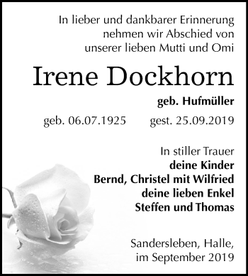 Traueranzeige von Irene Dockhorn von Super Sonntag Mansfelder Land