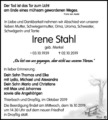Traueranzeige von Irene Stahl von Super Sonntag Zeitz