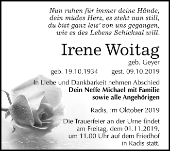 Traueranzeige von Irene Woitag von Super Sonntag Wittenberg