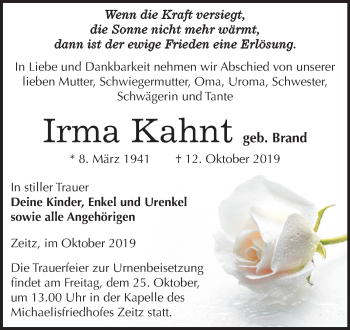 Traueranzeige von Irma Kahnt von Super Sonntag Zeitz