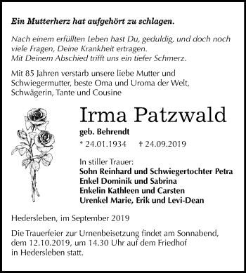 Traueranzeige von Irma Patzwald von Super Sonntag Mansfelder Land