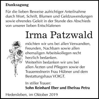 Traueranzeige von Irma Patzwald von Mitteldeutsche Zeitung Mansfelder Land