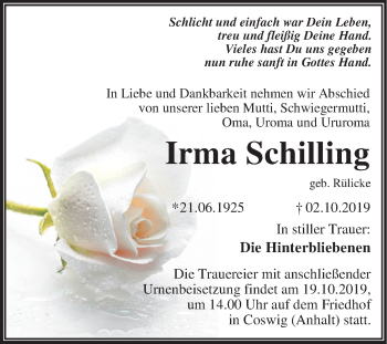 Traueranzeige von Irma Schilling von Mitteldeutsche Zeitung Wittenberg