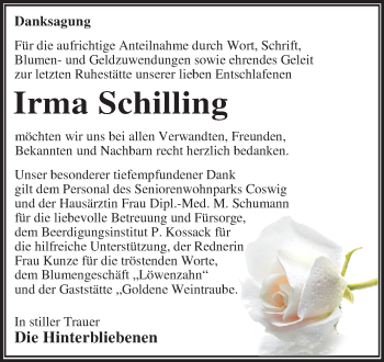 Traueranzeige von Irma Schilling von Super Sonntag Wittenberg