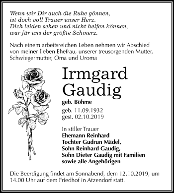 Traueranzeige von Irmgard Gaudig von Mitteldeutsche Zeitung Merseburg/Querfurt