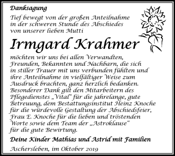 Traueranzeige von Irmgard Krahmer von Mitteldeutsche Zeitung Aschersleben
