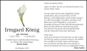 Traueranzeige von Irmgard König von Mitteldeutsche Zeitung Dessau-Roßlau