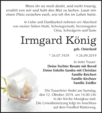 Traueranzeige von Irmgard König von Mitteldeutsche Zeitung Dessau-Roßlau
