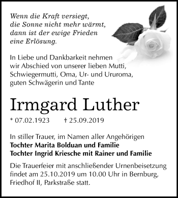 Traueranzeige von Irmgard Luther von Super Sonntag Bernburg