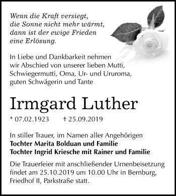 Traueranzeige von Irmgard Luther von Mitteldeutsche Zeitung Bernburg