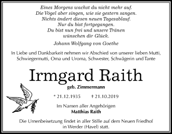 Traueranzeige von Irmgard Raith von Mitteldeutsche Zeitung Halle/Saalkreis