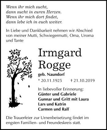 Traueranzeige von Irmgard Rogge von Mitteldeutsche Zeitung Mansfelder Land