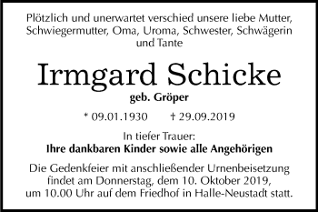 Traueranzeige von Irmgard Schicke von Mitteldeutsche Zeitung Halle/Saalkreis