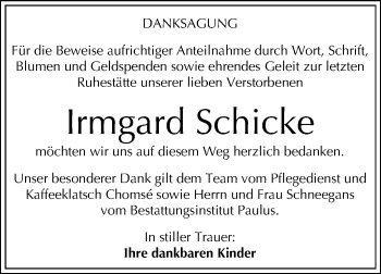 Traueranzeige von Irmgard Schicke von Mitteldeutsche Zeitung Halle/Saalkreis