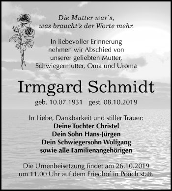 Traueranzeige von Irmgard Schmidt von Mitteldeutsche Zeitung Bitterfeld