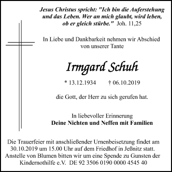 Traueranzeige von Irmgard Schuh von Wochenspiegel Bitterfeld