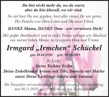 Traueranzeige von Irmgard Schückel von Mitteldeutsche Zeitung Dessau-Roßlau