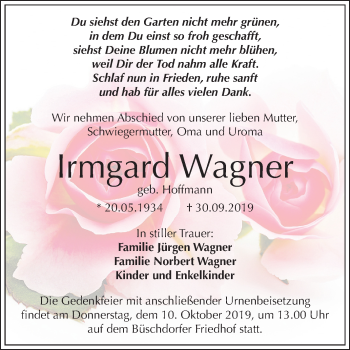 Traueranzeige von Irmgard Wagner von Mitteldeutsche Zeitung Halle/Saalkreis