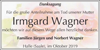 Traueranzeige von Irmgard Wagner von Mitteldeutsche Zeitung Halle/Saalkreis
