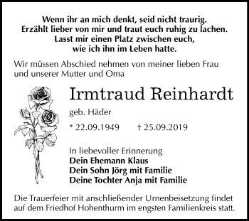 Traueranzeige von Irmtraud Reinhardt von Mitteldeutsche Zeitung Halle/Saalkreis
