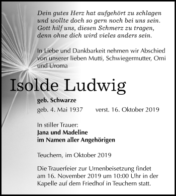 Traueranzeige von Isolde Ludwig von Wochenspiegel Weißenfels