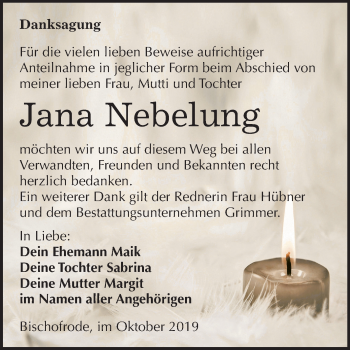 Traueranzeige von Jana Nebelung von Mitteldeutsche Zeitung Mansfelder Land