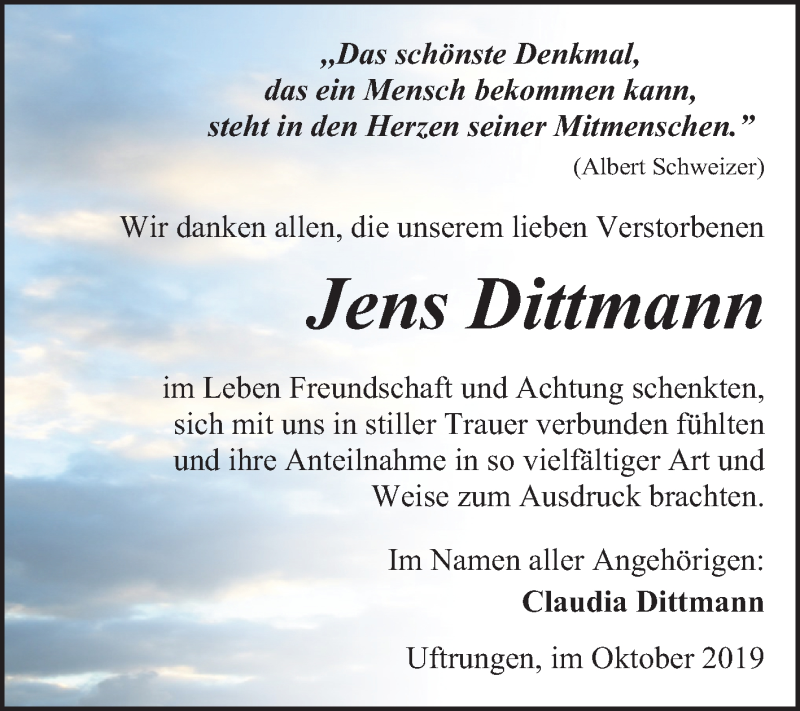  Traueranzeige für Jens Dittmann vom 26.10.2019 aus Mitteldeutsche Zeitung Sangerhausen