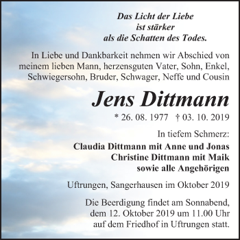 Traueranzeige von Jens Dittmann von Mitteldeutsche Zeitung Sangerhausen