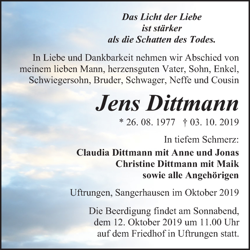  Traueranzeige für Jens Dittmann vom 08.10.2019 aus Mitteldeutsche Zeitung Sangerhausen