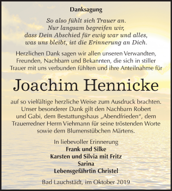 Traueranzeige von Joachim Hennicke von Super Sonntag Merseburg/Querfurt