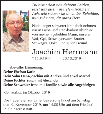 Traueranzeige von Joachim Herrmann von Mitteldeutsche Zeitung Köthen