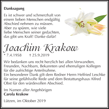 Traueranzeige von Joachim Krakow von Wochenspiegel Weißenfels