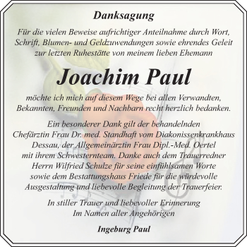 Traueranzeige von Joachim Paul von Super Sonntag Dessau-Roßlau
