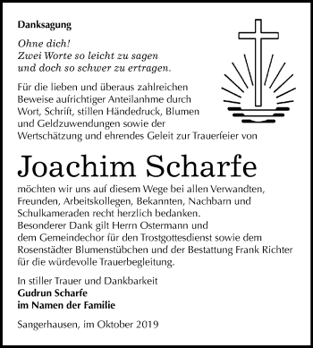Traueranzeige von Joachim Scharfe von Mitteldeutsche Zeitung Sangerhausen