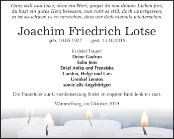 Traueranzeige von Joachim Friedrich Lotse von Super Sonntag Mansfelder Land