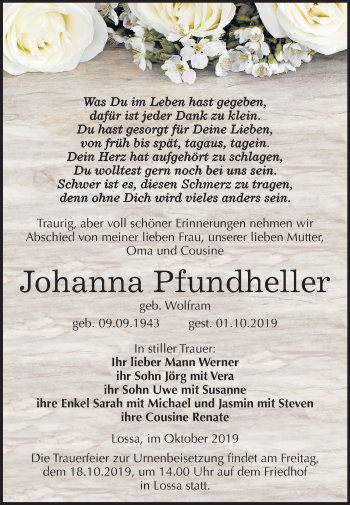 Traueranzeige von Johanna Pfundheller von Mitteldeutsche Zeitung Naumburg/Nebra