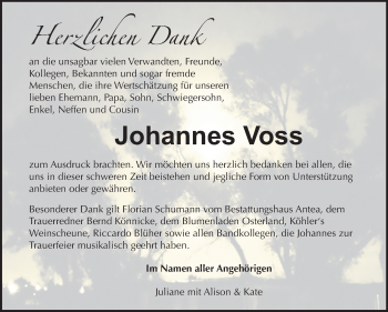 Traueranzeige von Johannes Voss von Wochenspiegel Weißenfels